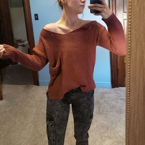 Rust Distressed Knit Off the Shoulder Sweater